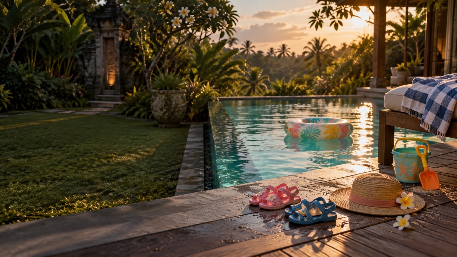 Children's sandals, a sun hat and a sand bucket at the edge of a villa pool in Bali, late afternoon