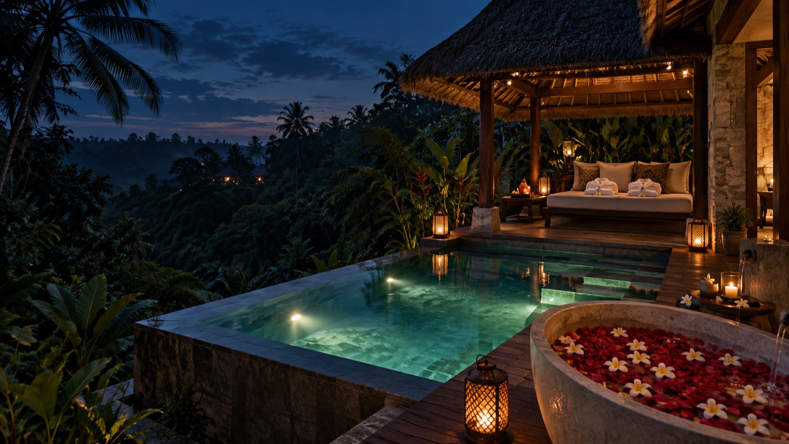 A private plunge pool and a flower bath for two at a Bali villa at dusk, lanterns lit