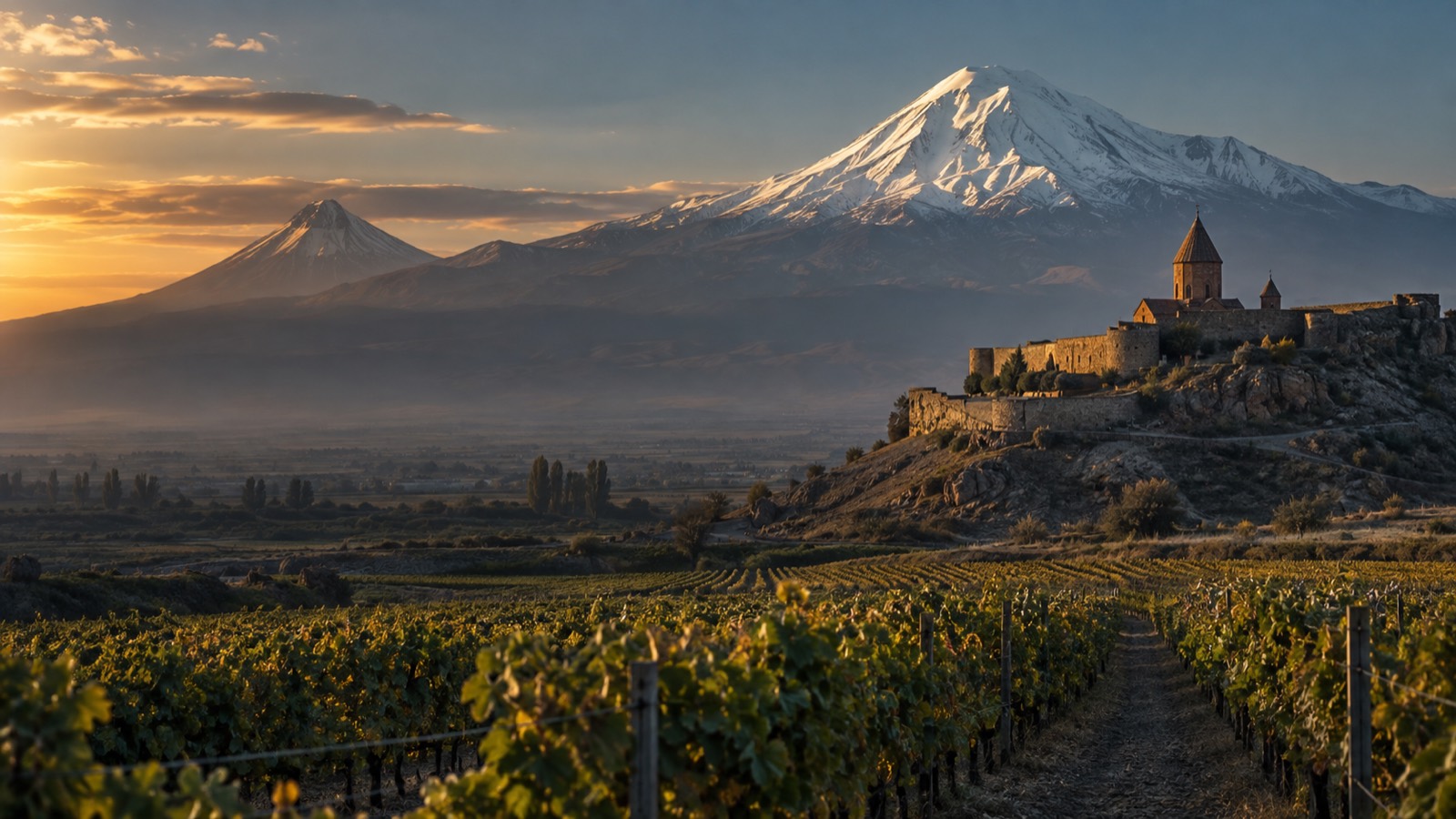 Khor Virap monastery beneath Mount Ararat at sunrise