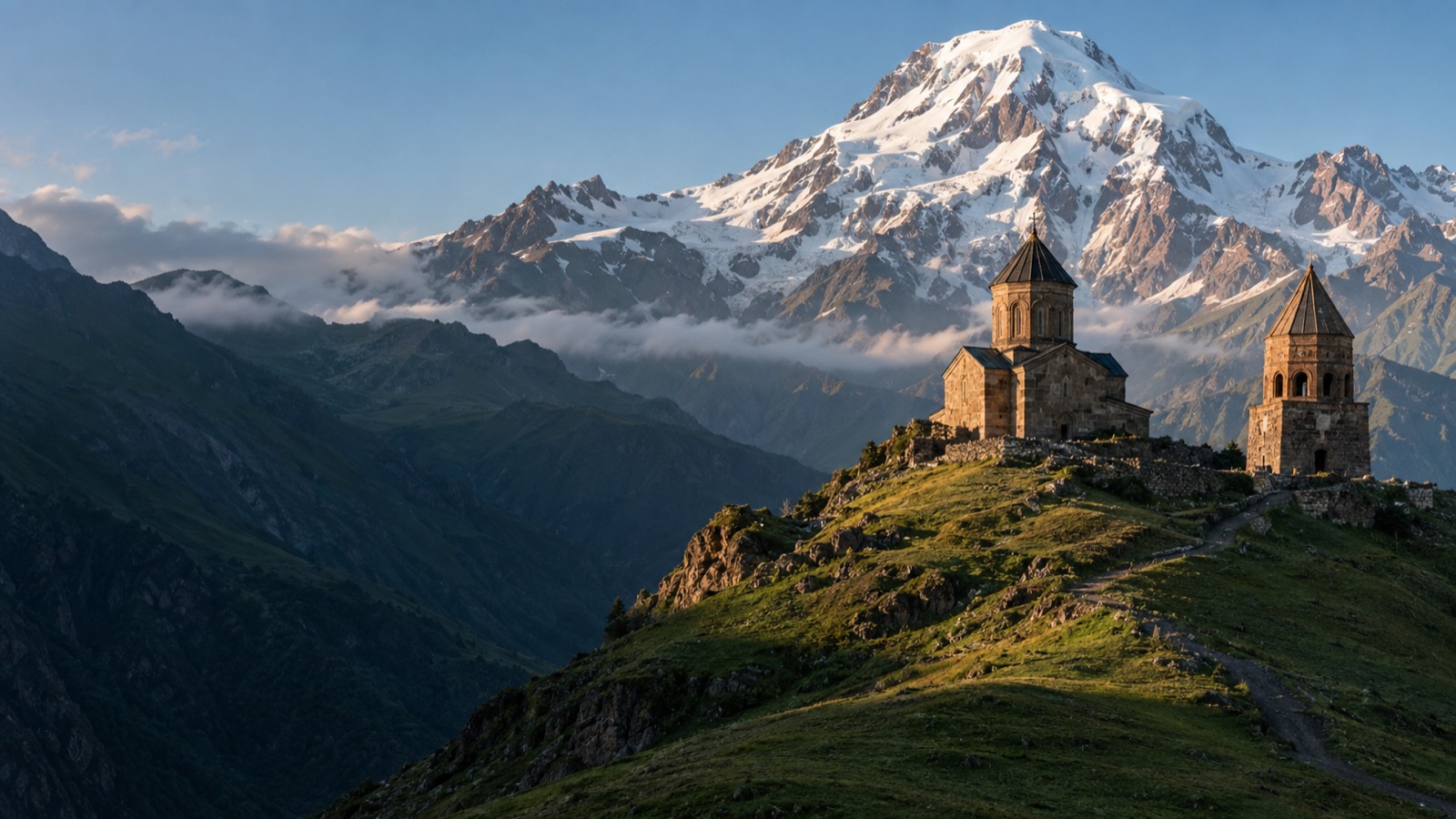 Gergeti Trinity Church beneath snow-capped Mount Kazbek
