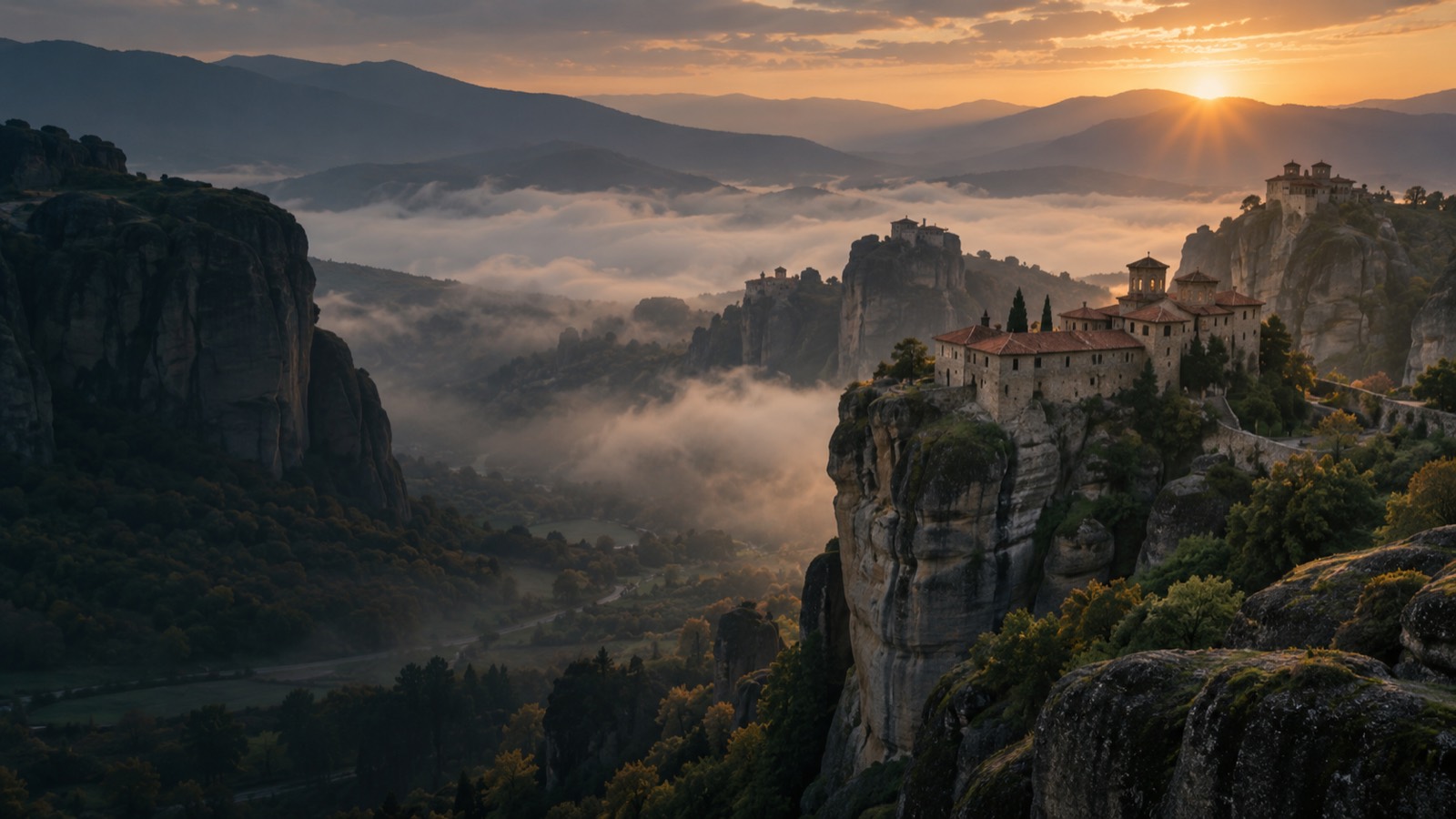 Meteora's monasteries on rock pillars above morning mist