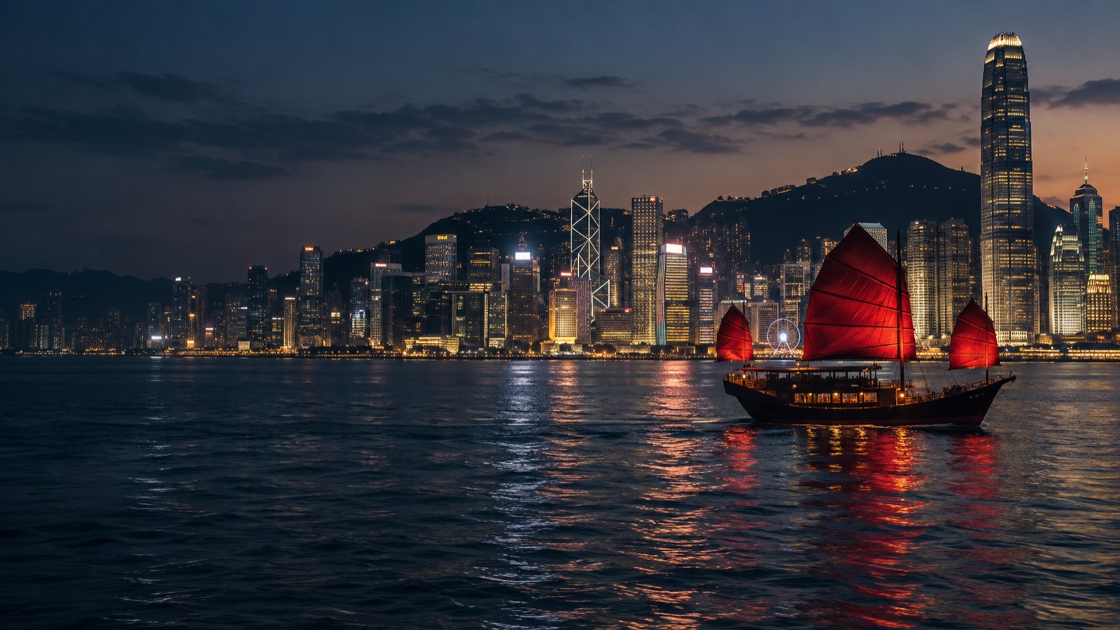 Victoria Harbour and the Hong Kong Island skyline at blue hour