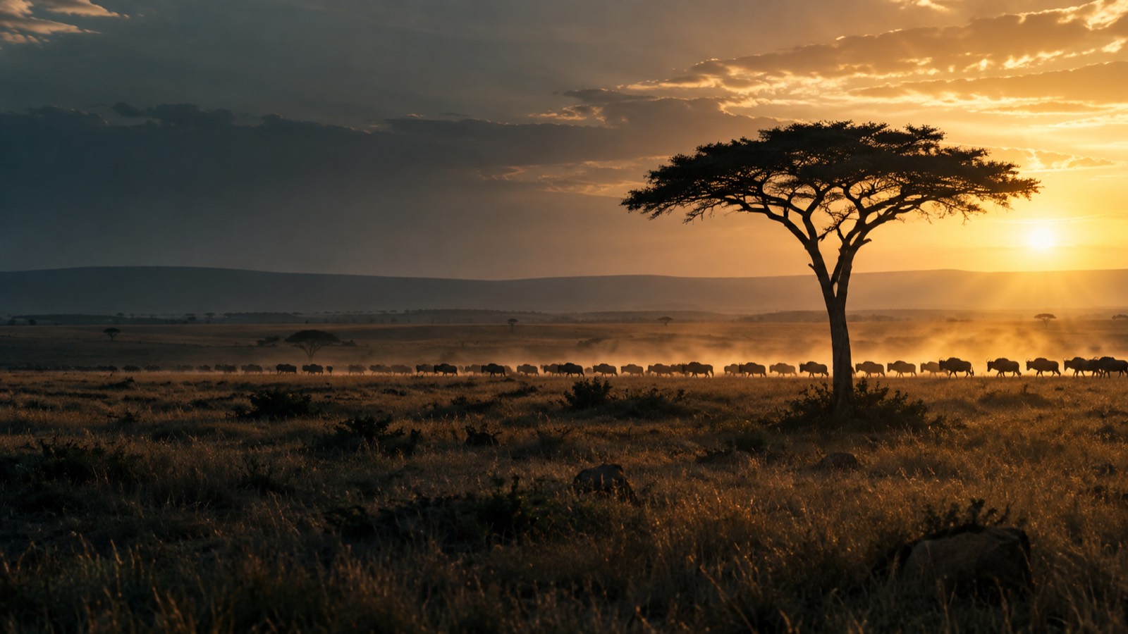 A lone acacia and wildebeest on the Masai Mara at golden hour