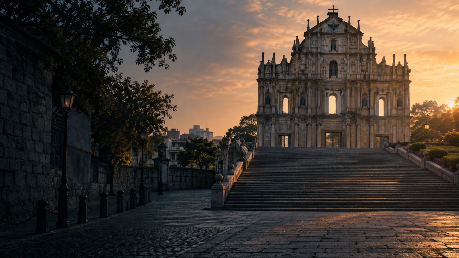The stone facade of the Ruins of St. Paul's at dawn