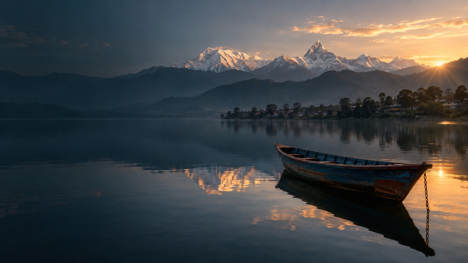 The Annapurna range over Phewa Lake, Pokhara