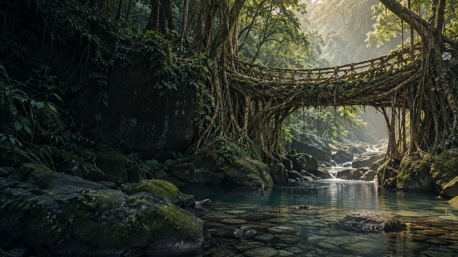 A living root bridge over a rainforest stream in Meghalaya