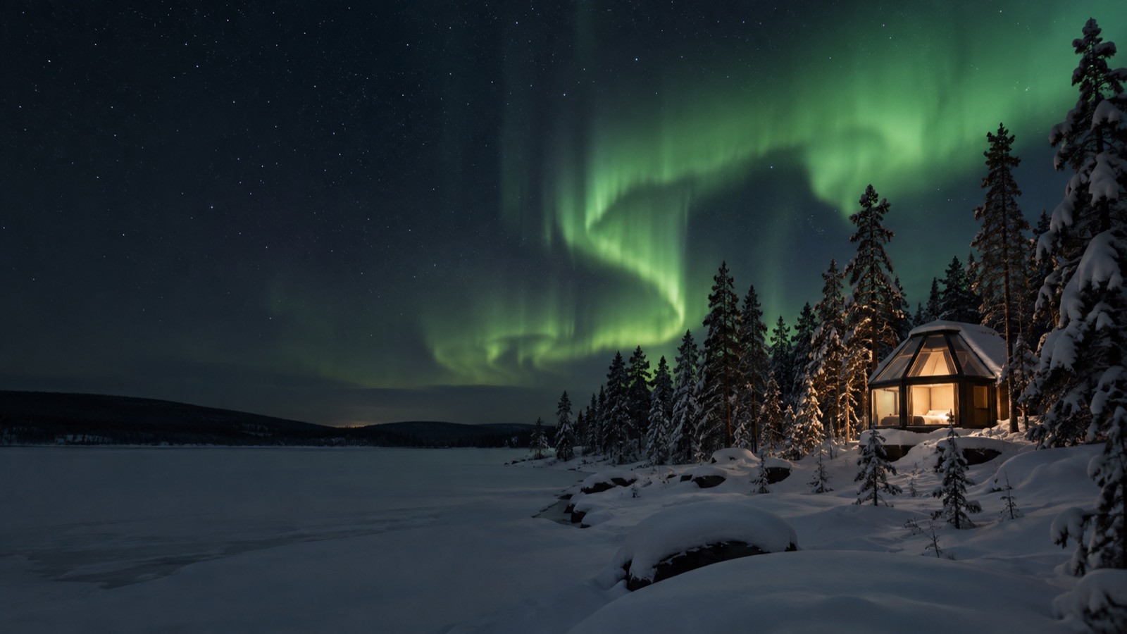 Green aurora over a snowy Lapland forest and a glowing glass cabin