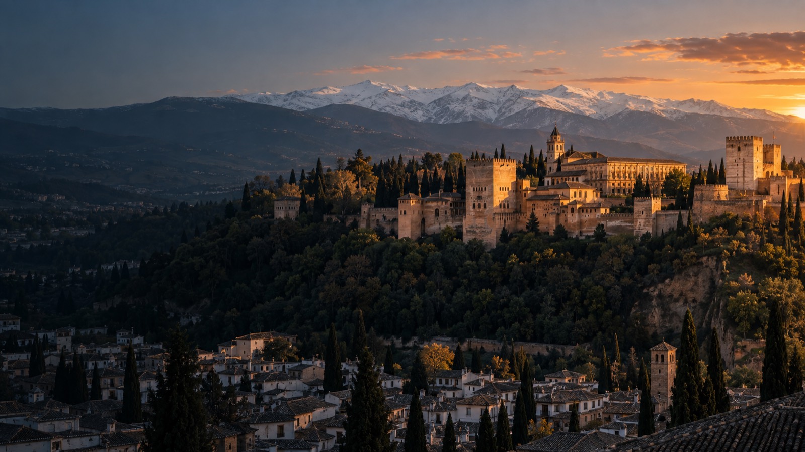 The Alhambra at sunset with the Sierra Nevada behind