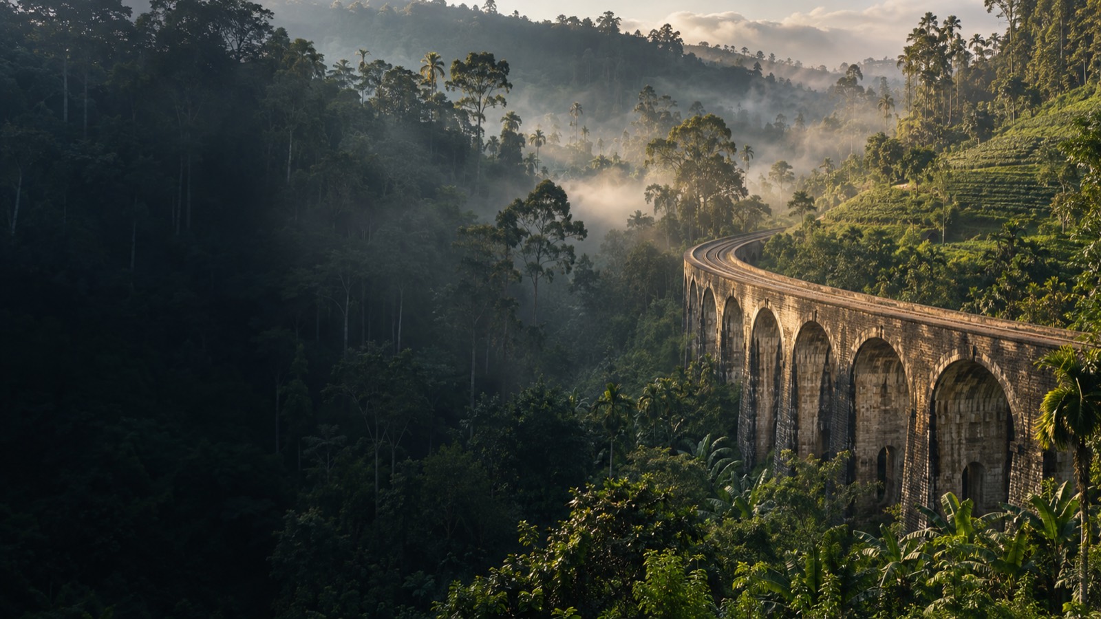 The Nine Arch Bridge in Ella in morning mist