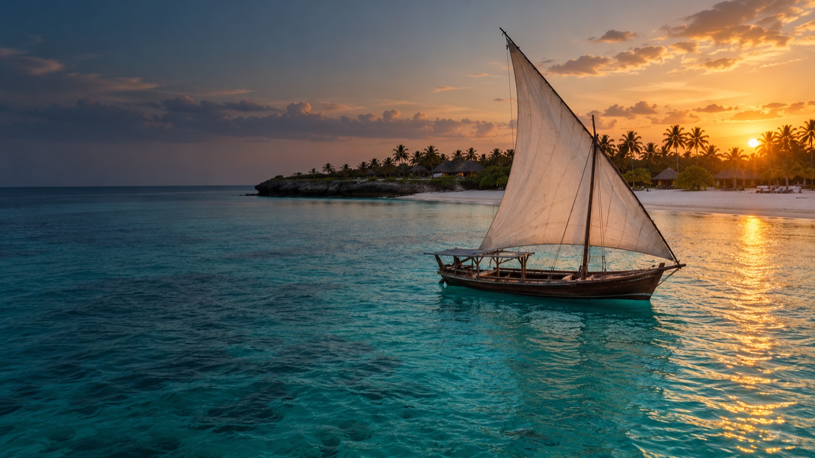A dhow under sail off Nungwi, Zanzibar, at sunset