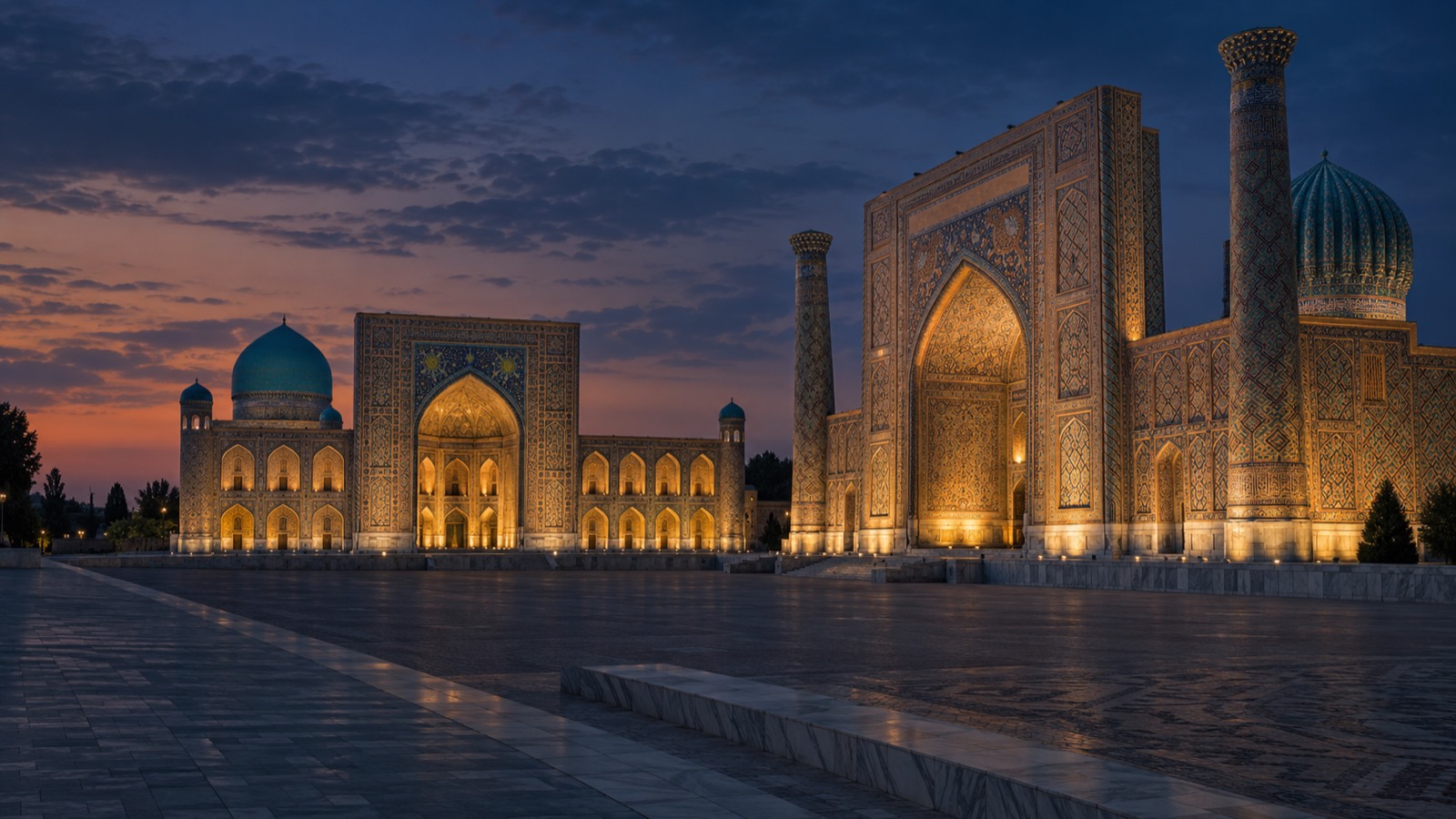 The Registan's tiled madrasas in Samarkand at dusk