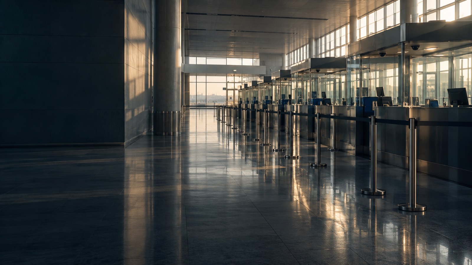 An empty immigration hall early in the morning